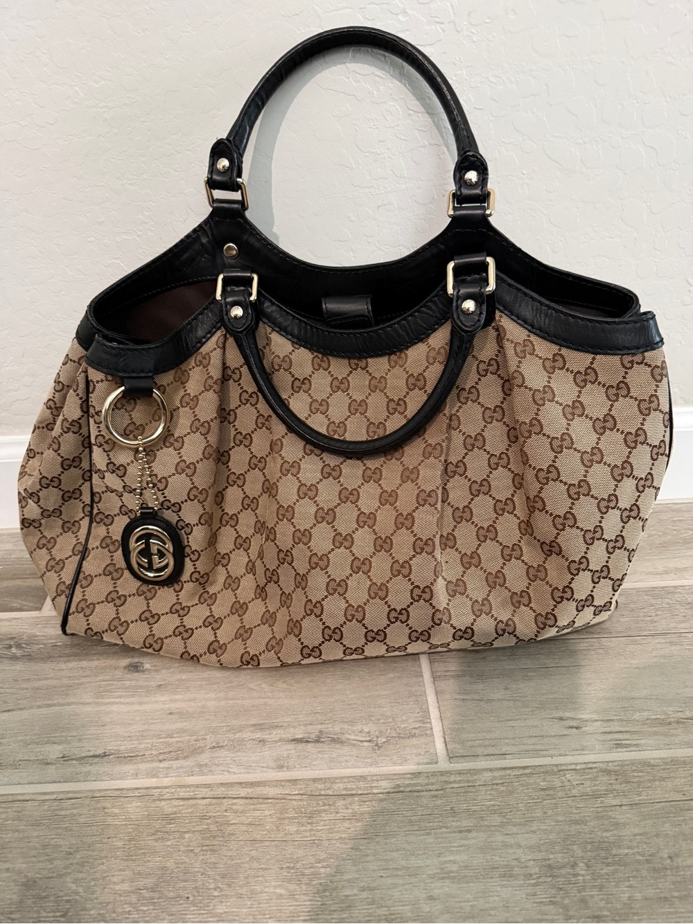 Gucci Sukey Beige Brown GG Canvas Tote with Black Leather Handles